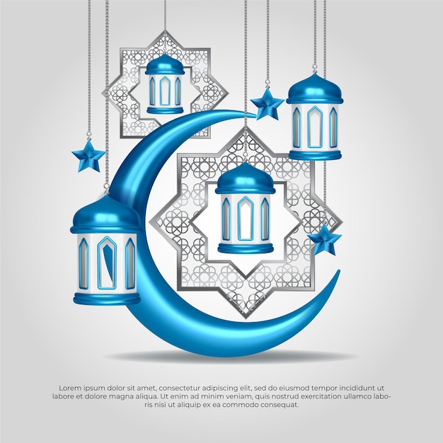 Eid al adha mubarak islamski 3d niebieski księżyc gwiazda mandala i projekt wektora lampy