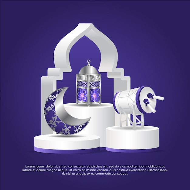 Eid Al Adha Mubarak Islamski Fioletowy Księżyc Bęben I Lampa 3d Wektor Projekt