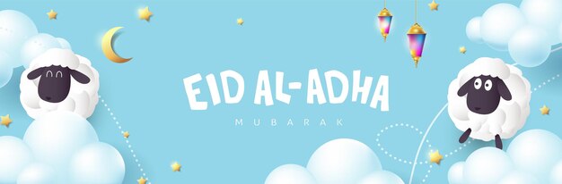 Eid Al Adha Mubarak Obchody Festiwalu Kaligrafii Społeczności Muzułmańskiej Z Białymi Owcami I Chmurą Na Niebieskim Niebie