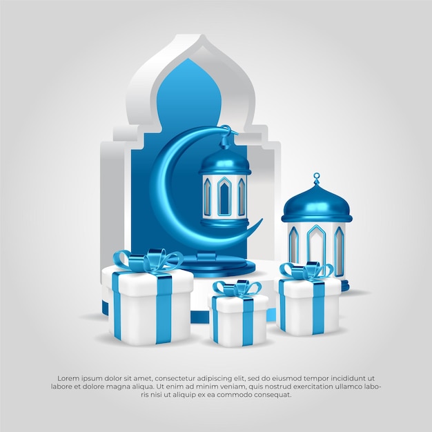 Eid Al Adha Mubarak Piękny 3d Niebieski Islamski Prezent Księżycowy I Projekt Wektora Lampy