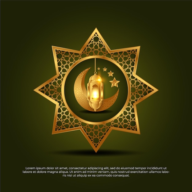 Eid al adha mubarak złoty 3d gwiazda mandala księżyc lampa piękne islamskie tło