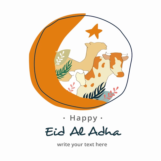 Eid Al Adha Powitanie Z Doodle Ilustracja Styl Boho Ilustracja Ofiarnego Zwierzęcia