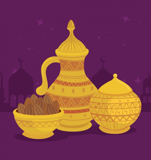 Plik wektorowy eid al adha świętowania karta z ustalonym złotym słoju i jedzenia ilustracyjnym projektem