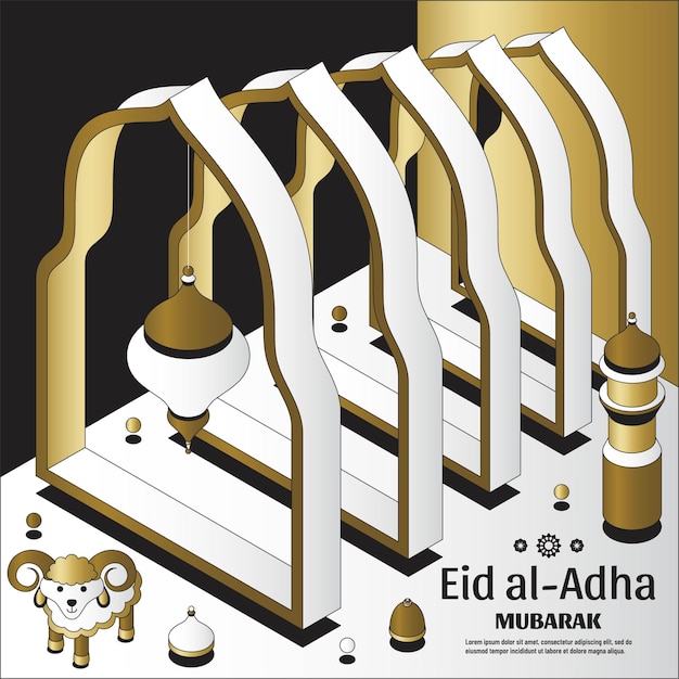 Plik wektorowy eid al adha tło izometryczne islamskie arabskie meczetowe lampiony i owce festiwal z życzeniami ...