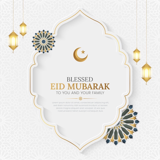 Eid Mubarak elegancki biały szablon postu w mediach społecznościowych