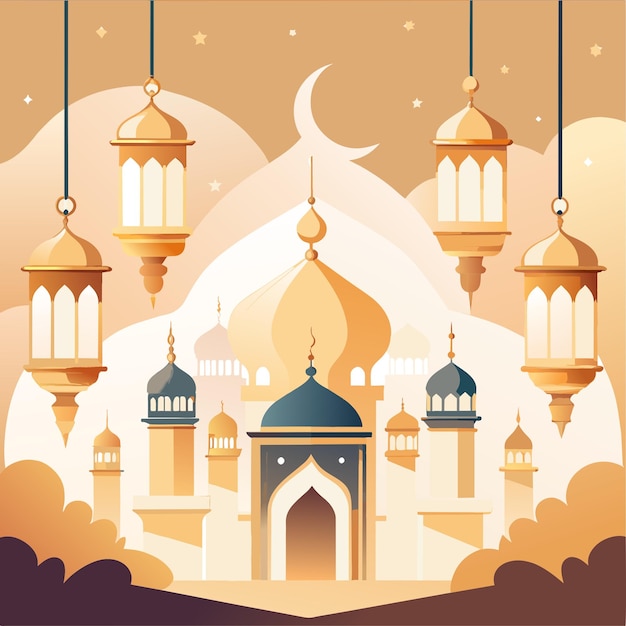 Plik wektorowy eid mubarak islamski template lanterns ramadan kareem al adha al fitr z meczetem