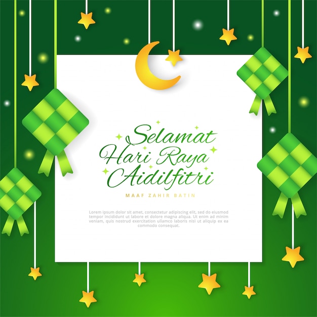 Eid Mubarak, Selamat Hari Raya Aidilfitri Banner Z życzeniami Z Ketupatem