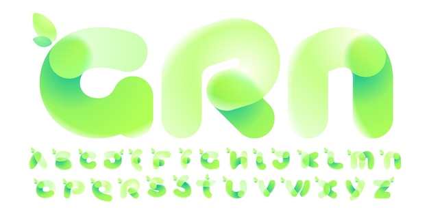 Plik wektorowy eko alfabet z zielonym gradientem i liśćmi w stylu glassmorphism