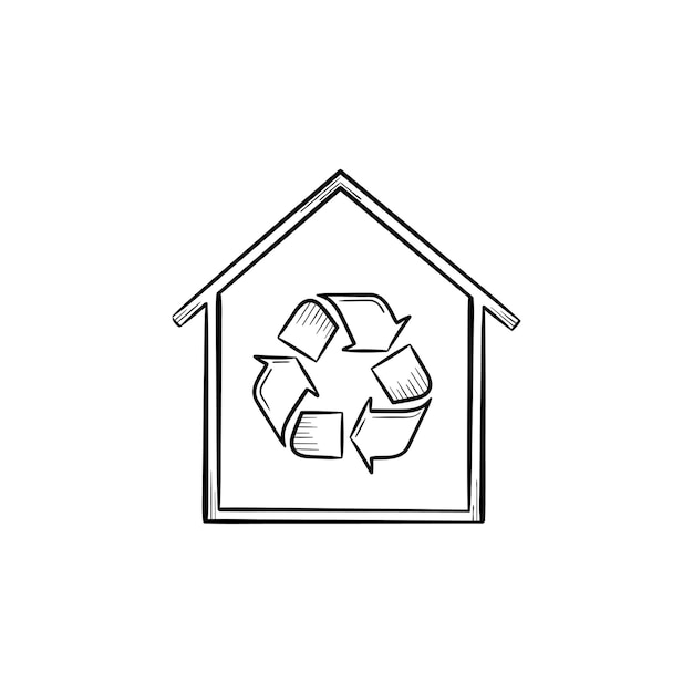 Eko Dom Z Recyklingu Symbol Ręcznie Rysowane Konspektu Doodle Ikona. Budynek Z Ilustracji Szkic Wektor Znak Recyklingu Do Druku, Sieci Web, Mobile I Infografiki Na Białym Tle.