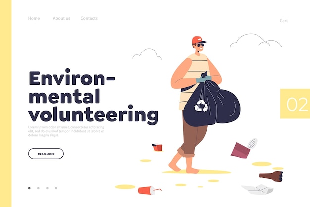 Ekologiczna Strona Docelowa Wolontariatu Z Człowiekiem Wolontariuszem Trzymaj Worek Na śmieci Po Oczyszczeniu Plaży