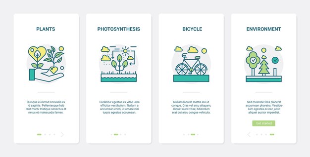 Ekologiczna technologia dla ochrony środowiska. UX, UI onboarding aplikacja mobilna zestaw symboli ochrony środowiska, fotosynteza roślin, ekologiczny transport rowerowy