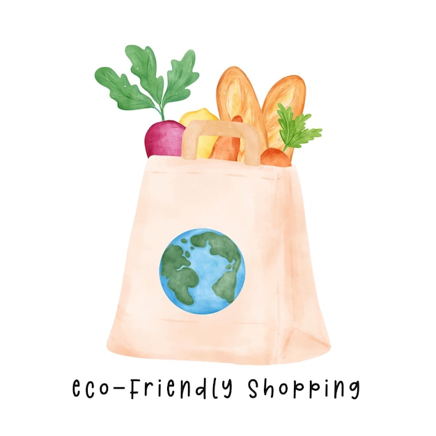 Plik wektorowy ekologiczna torba na zakupy z tkaniny wielokrotnego użytku torba pełna świeżych warzyw akwarela ręcznie rysowana ilustracja przynieś własną torbę