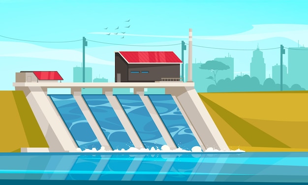 Ekologiczna zrównoważona płaska kompozycja energii wodnej z podmiejskiej tamy hydroelektrycznej z wykorzystaniem ilustracji systemu środowiskowego wody rzecznej