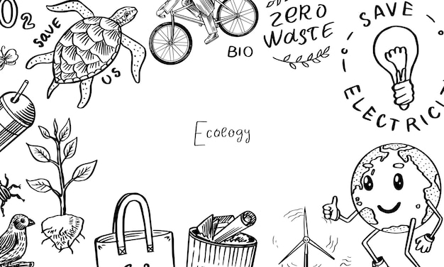 Plik wektorowy ekologiczne tło baner lub plakat o zeroch odpadów narysowany ręcznie ekologiczny transport sortowanie bioodpadów i