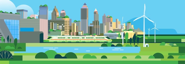Ekologiczny Miejski Krajobraz Miejski Z Budowaniem Zrównoważonego Miasta Z Transportem Rzecznym Wiatraków