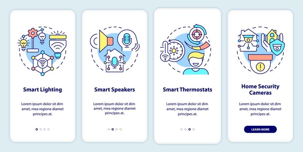 Ekran aplikacji mobilnej z wbudowanym inteligentnym domem. Oświetlenie i głośniki 4 kroki z instrukcjami graficznymi, strony z liniowymi koncepcjami. UI, UX, szablon GUI. Myriad Pro-Bold, używane czcionki Regular