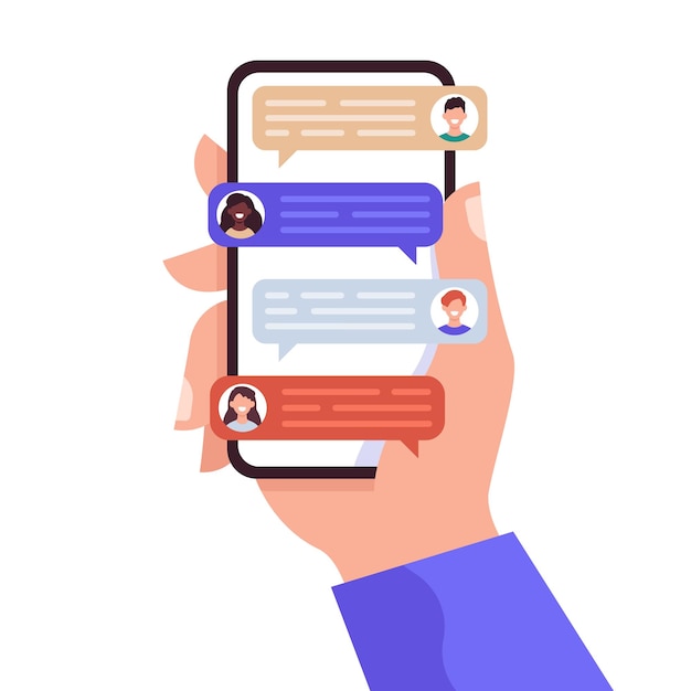 Ekran czatu biznesowego Dłoń trzymająca telefon z wiadomościami grupowymi, sieci społecznościowe i koncepcja komunikacji płaskiej ilustracji wektorowych