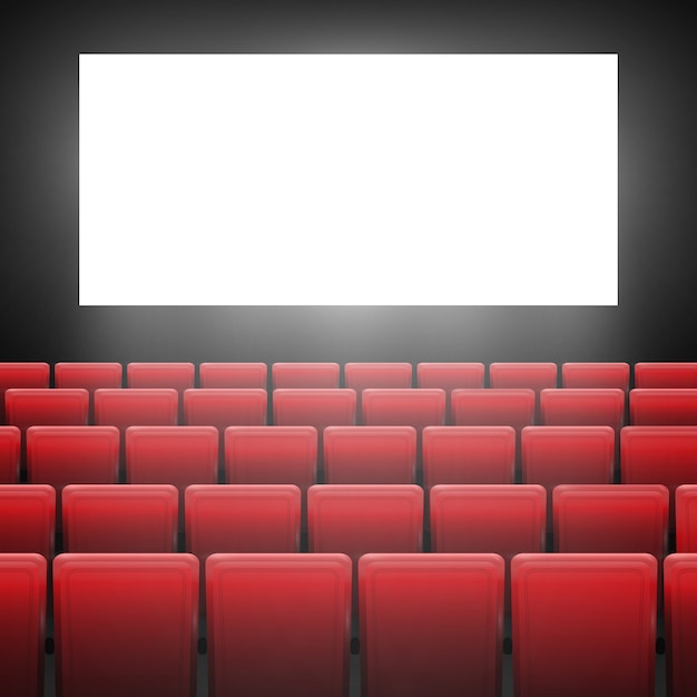 Ekran Kinowy Z Czerwonymi Siedzeniami. Koncepcja Graficzna Twojego Projektu. Premiera Plakatu Kinowego Z Białym Ekranem.