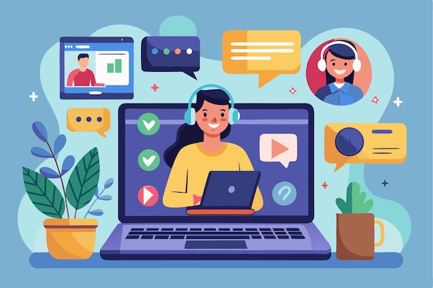 Ekran laptopa wyświetlający wywiad wideo online Strumieniowe treści na platformie cyfrowej Flat Vector