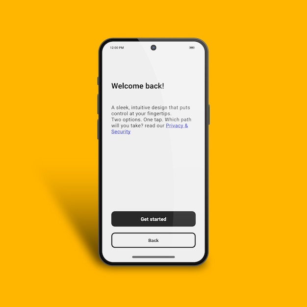 Ekran powitalny aplikacji mobilnej z przyciskami nawigacyjnymi