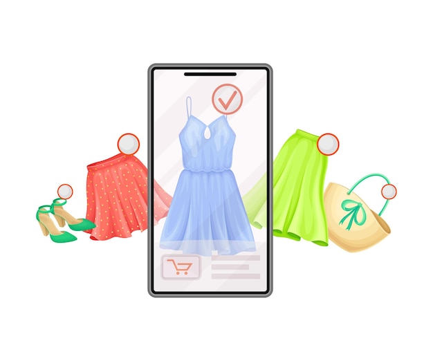 Ekran smartfona z aplikacją sklepu internetowego i artykułami odzieżowymi w ilustracji wektorowej w koszyku zakupowym