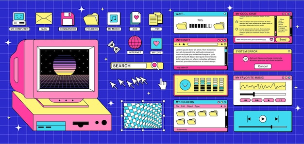 Ekran starego komputera retro w stylu y2k Retro fala i vaporwave tła Bright vintage