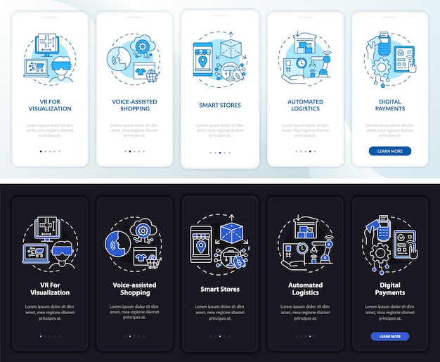 Ekran Startowy Aplikacji Mobilnej Na Cyfrowym Rynku Sprzedaży Detalicznej. Przewodnik Po Zakupach 5 Kroków Graficznych Instrukcji Z Koncepcjami. Szablon Wektorowy Ui, Ux, Gui Z Liniowymi Ilustracjami W Trybie Nocnym I Dziennym