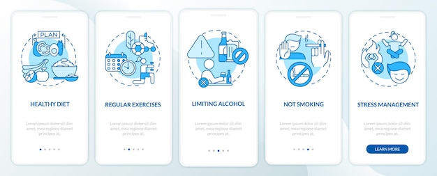 Ekran startowy aplikacji mobilnej w leczeniu nadciśnienia tętniczego. Regularne ćwiczenia instruktażowe 5 kroków instrukcje graficzne z koncepcjami. Szablon wektorowy UI, UX, GUI z liniowymi kolorowymi ilustracjami