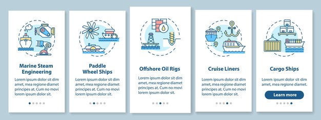 Ekran Strony Aplikacji Mobilnej Do Wprowadzania Inżynierii Morskiej Z Koncepcjami. Platforma Wiertnicza Na Morzu. Opis Typów Zbiorników Wodnych 5 Kroków Instrukcji Graficznych. Szablon Wektorowy Interfejsu Użytkownika Z Kolorowymi Ilustracjami Rgb