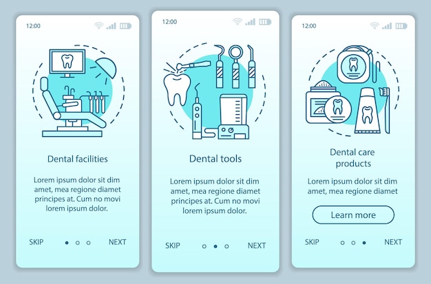 Ekran strony aplikacji mobilnej wprowadzający personel dentystyczny z koncepcjami liniowymi. Gabinety stomatologiczne, narzędzia, produkty pielęgnacyjne opis kroków instrukcje graficzne. Szablon wektorowy UX, UI, GUI z ilustracjami