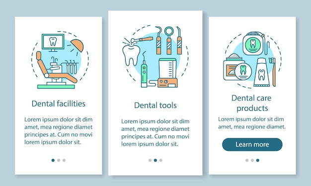 Ekran strony aplikacji mobilnej wprowadzający personel dentystyczny z koncepcjami liniowymi. Gabinety stomatologiczne, urządzenia, produkty pielęgnacyjne opis kroków instrukcje graficzne. Szablon wektorowy UX, UI, GUI z ilustracjami