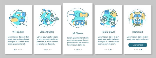 Ekran strony aplikacji mobilnej z dołączaniem urządzenia wirtualnej rzeczywistości z koncepcją liniową. Gogle VR, kontroler, rękawiczki haptyczne, instrukcje graficzne w opisie kombinezonu. Szablon wektorowy UX, UI, GUI z ikonami