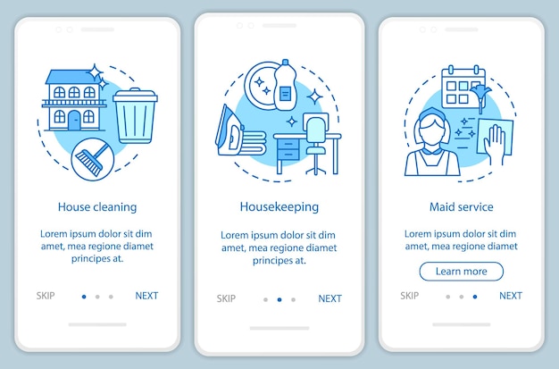 Ekran strony aplikacji mobilnej z usługą domową, koncepcje liniowe. Planowanie sprzątania domu. Trzy, krok po kroku instrukcje graficzne. Pokojówka. Szablon wektorowy UX, UI, GUI z ilustracjami