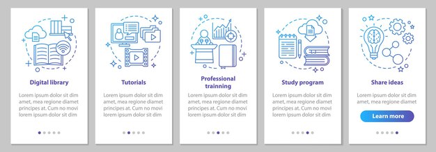 Ekran strony interaktywnej szkolenia wprowadzającego do aplikacji mobilnej z liniowymi koncepcjami. Program do nauki, biblioteka cyfrowa, samouczki, instrukcje dotyczące dzielenia się pomysłami. Szablon wektorowy UX, UI, GUI z ilustracjami