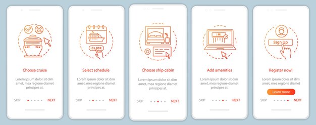 Ekran strony pokładowej aplikacji mobilnej z rezerwacją rejsów online z liniowymi koncepcjami. Wybierz harmonogram, dodaj udogodnienia krok po kroku instrukcje graficzne. Szablon wektorowy UX, UI, GUI z ilustracjami