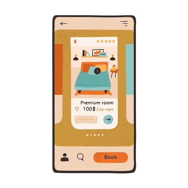 Ekran Telefonu Komórkowego Z Interfejsem Aplikacji Do Książki Hotelowej. Rezerwacja Online Koncepcji Zakwaterowania. Aplikacja Mobilna Do Wynajęcia Mieszkania. Kolorowe Płaskie Wektor Ilustracja Na Białym Tle.