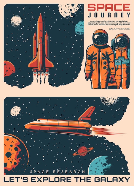 Eksploracja galaktyki, astronauci i retro plakaty statków kosmicznych. Wektorowy wszechświat kosmiczny z wystrzeleniem rakiety, statkiem kosmicznym lub promem unoszącym się wśród gwiazd i planet, astronautami w skafandrach kosmicznych i hełmach