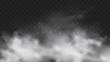 Eksplozja białego śniegu z odrobiną cząstek i płatki śniegu na białym tle na przezroczystym ciemnym tle. eksplozja białej mąki w proszku, farba holi w proszku. efekt smogu lub mgły. realistyczna ilustracja