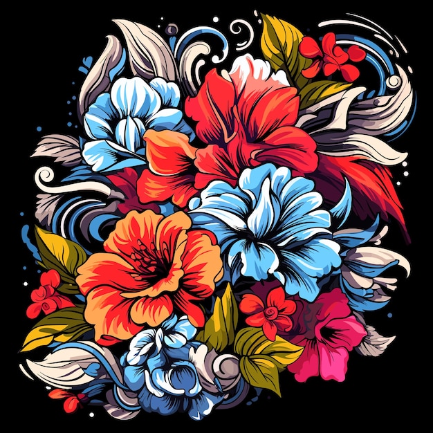 Eksplozja kwiatów Kolorowe magiczne tropikalne kwiaty izolowane na czarnym tle w stylu pop-artu wektor Szablon naklejki na koszulkę itp