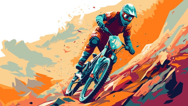 Ekstremalny rowerzysta górski pędzi w dół z rowerem na ilustracji wektorowych plakatu w trudnym terenie