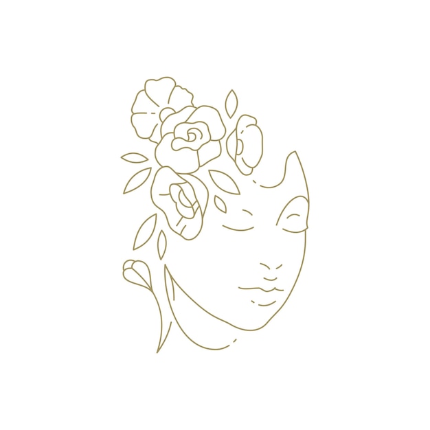 Plik wektorowy elegancka delikatna twarz kobiety z organicznymi kwiatami fryzura ciągła linia sztuki logo uroda wektor ilustracja romantyczny portret kobiety naturalny kwiatowy botaniczny kwiat ikona dla t shirt druk na płótnie