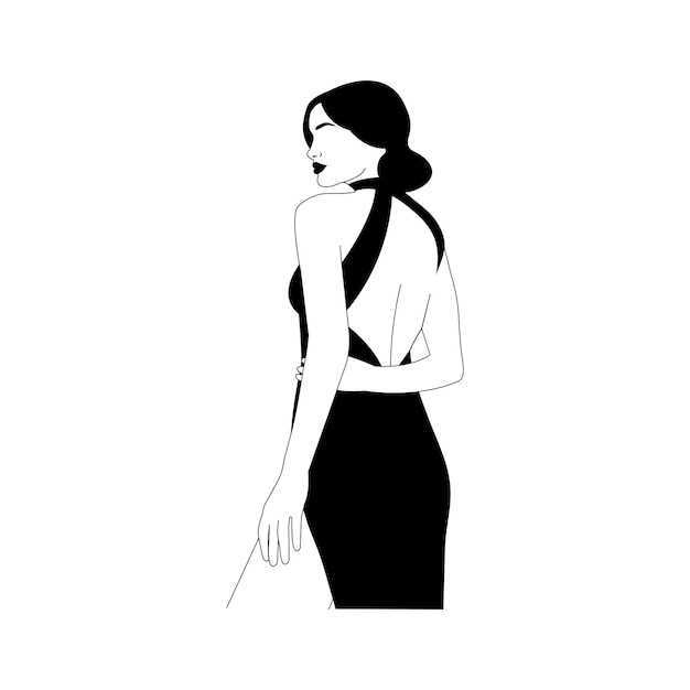 Plik wektorowy elegancka dziewczyna w sukience kobieca figura liniowa abstrakcyjne ciało w minimalistycznym stylu dla pocztówek z logo