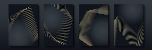 Elegancka luksusowa czarno-złota okładka backgroung z abstrakcyjnymi liniami. Nowoczesny zestaw do projektowania okładek z czarnym paskiem. Luksusowy kreatywny złoty dynamiczny wzór linii ukośnej. Formalny wektor premium dla biznesu