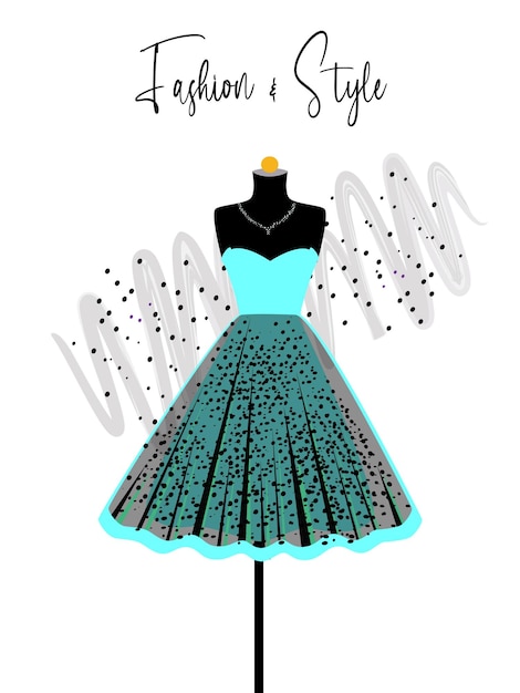 Elegancka Niebiesko-czarna Sukienka Na Manekinowej Ilustracji Mody