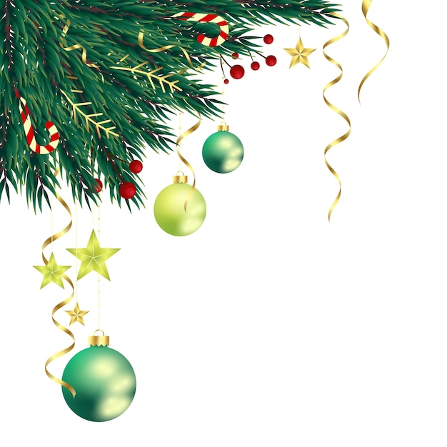 Plik wektorowy elegancka świąteczna dekoracja z gałązkami jodły, cukierkami, wstążkami, kulkami i gwiazdkami