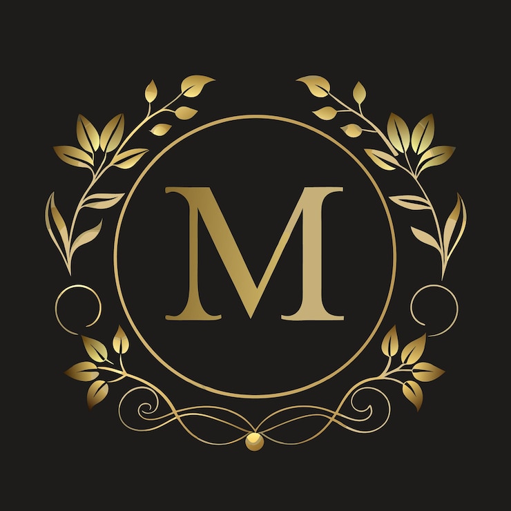 Wektor elegancki monogram litery m z kwiatowym wzorem na ciemnym tle w złotych akcentach