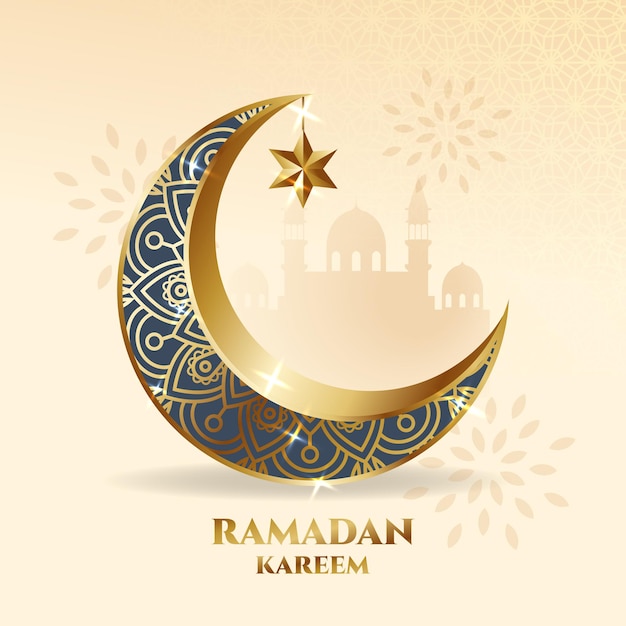 Plik wektorowy elegancki ornament w kształcie półksiężyca. ramadan kareem kartkę z życzeniami z sylwetka meczetu.