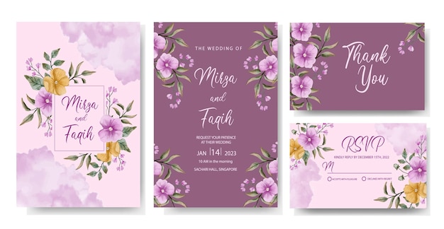 elegancki szablon zaproszenia ślubnego z fioletową akwarelową dekoracją kwiatową