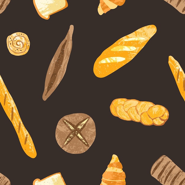 Elegancki wzór z pysznym chlebem żytnim pełnoziarnistym i pszennym, świeżymi wypiekami i słodkim ciastem na czarnym tle. Ilustracja wektorowa do drukowania tkanin, tapet, papieru do pakowania.