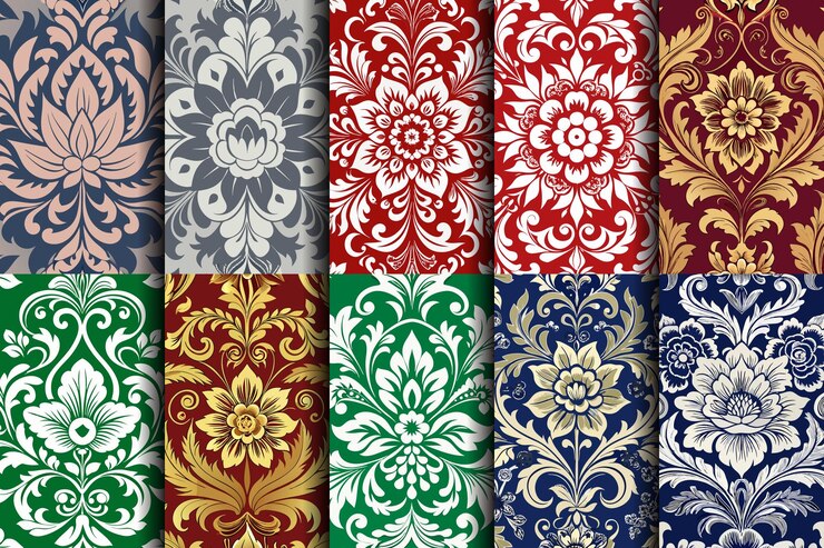 Wektor elegantne i kolorowe kwiatowe wzory damaskowe w stylu vintage przedstawiające skomplikowane wzory